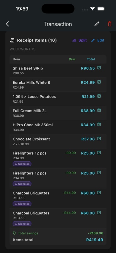 Receipt line items