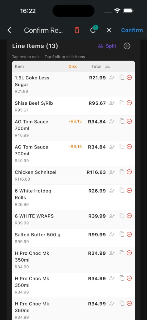 Receipt confirmation — line items with split assignments