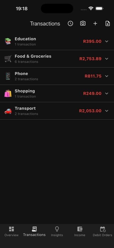 Transactions tab — category view